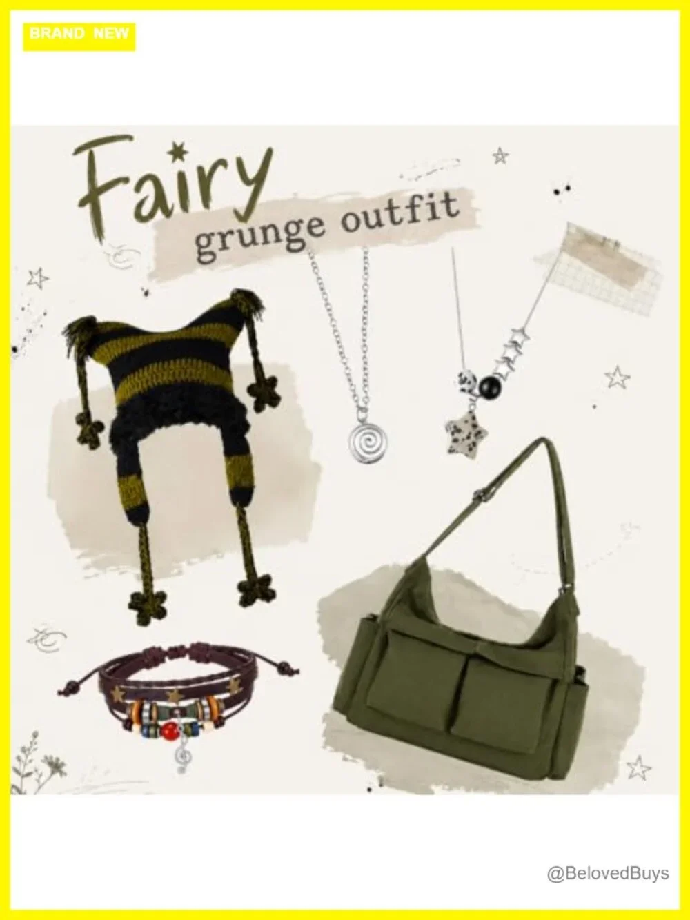 5 Pc Fairy Grunge Accessory Set Canvas Messenger Bag Cat Beanie Necklace
